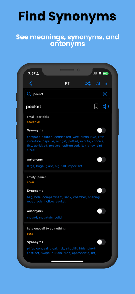 Pocket Thesaurus app interface displaying synonyms and antonyms for the word pocket in dark mode