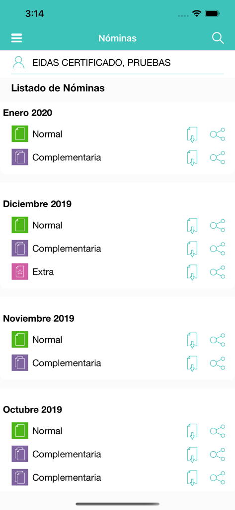 Interfaz de la app mGerhonte que muestra una lista de documentos de nómina organizados por mes para un profesional sanitario