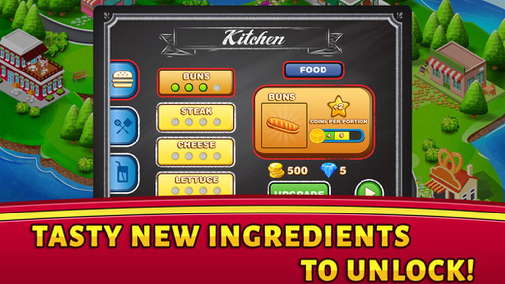 Cooking Dash Story - Fast Food Store & Burger King - Kitchen menu screen in the pizza shop game showing options to unlock and upgrade ingredients like buns and steak
