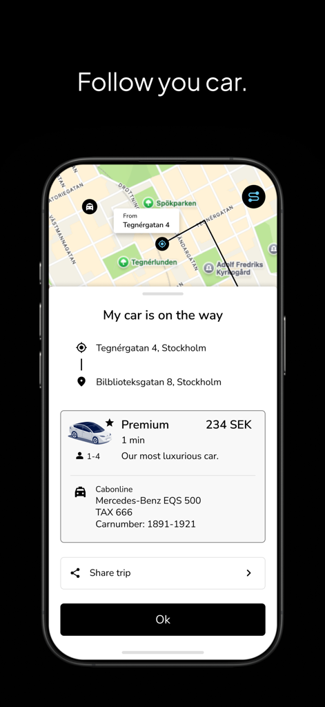 Kovanen - Kovanen app interface showing real time car tracking and premium vehicle details in Stockholm