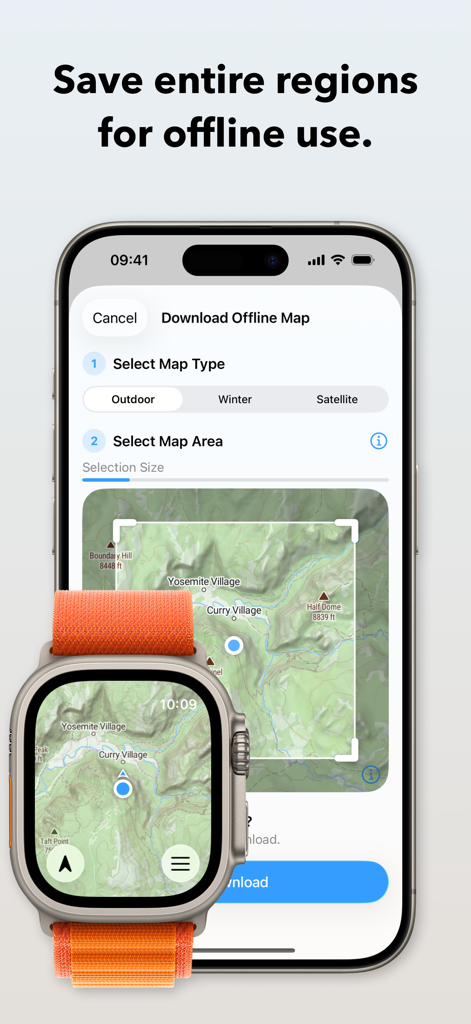 WristTopo: Offline Navigation - WristTopo app interface showing how to download offline topographic maps on iPhone and Apple Watch Ultra.