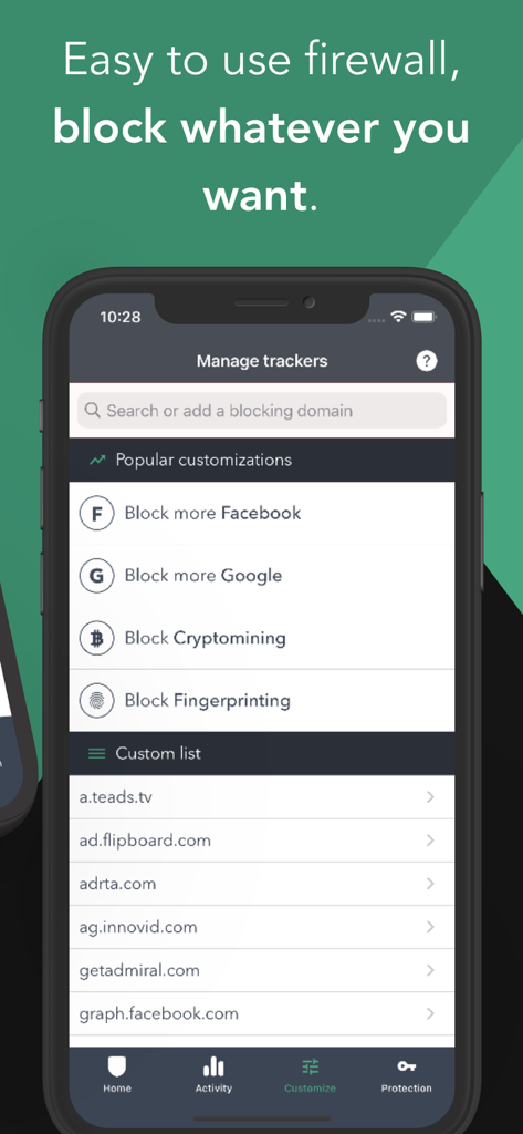 PrivacyPro SmartVPN & Firewall - PrivacyPro app interface showing the manage trackers screen with options to block Facebook and Google