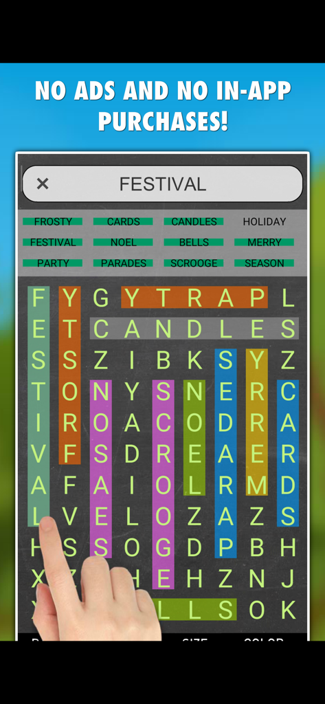 Word Search Daily PRO - A festival themed word search puzzle with colorful highlights and no ads
