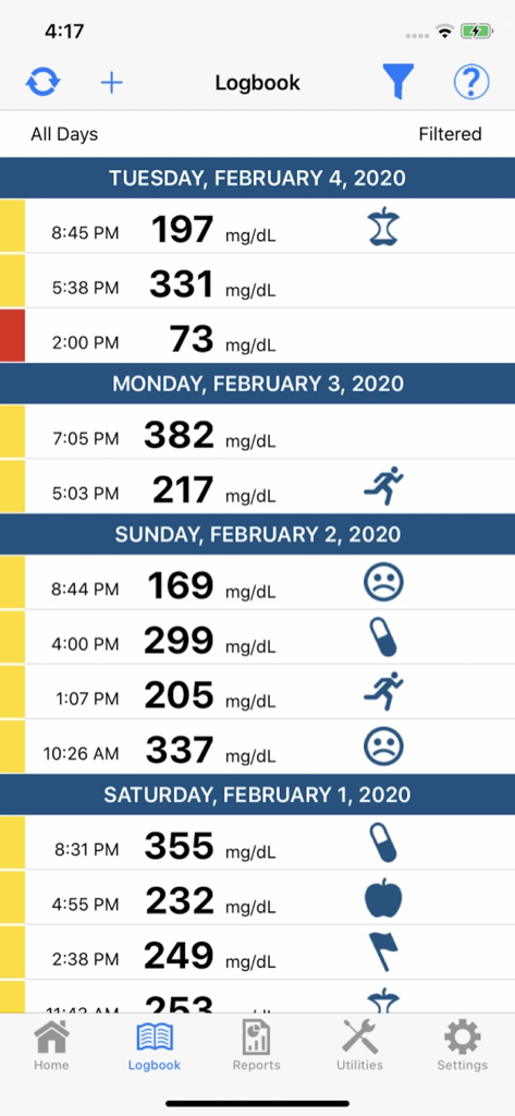 TRUE MANAGER™ AIR - Mobile app screen displaying a daily blood glucose logbook with color coded readings and activity icons