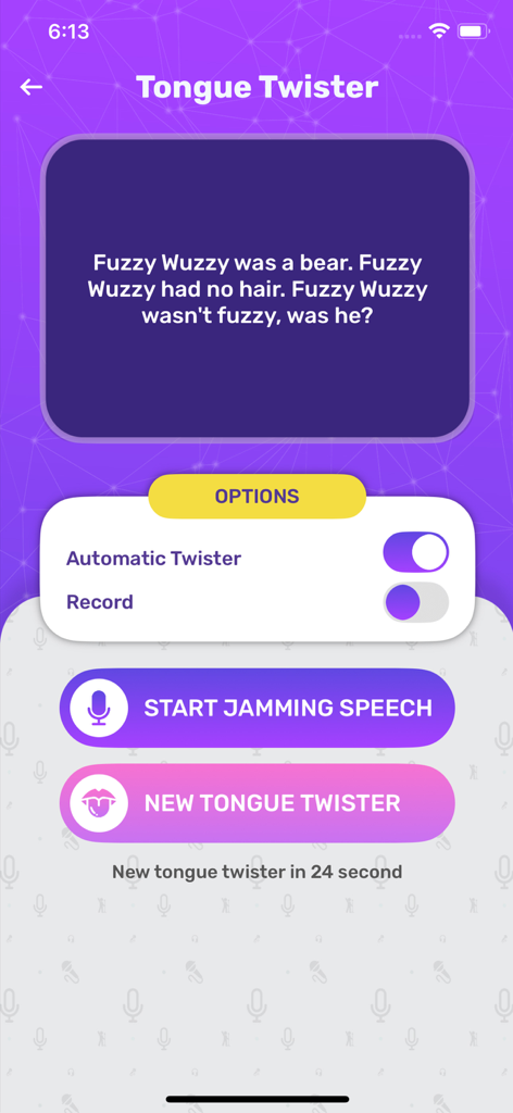 Speech Jammer° - Speech Jammer app interface showing a tongue twister challenge screen