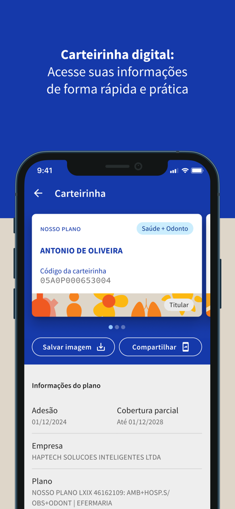 Hapvida Minas Gerais - Interface da carteirinha de plano de saúde digital no aplicativo móvel Hapvida Minas Gerais