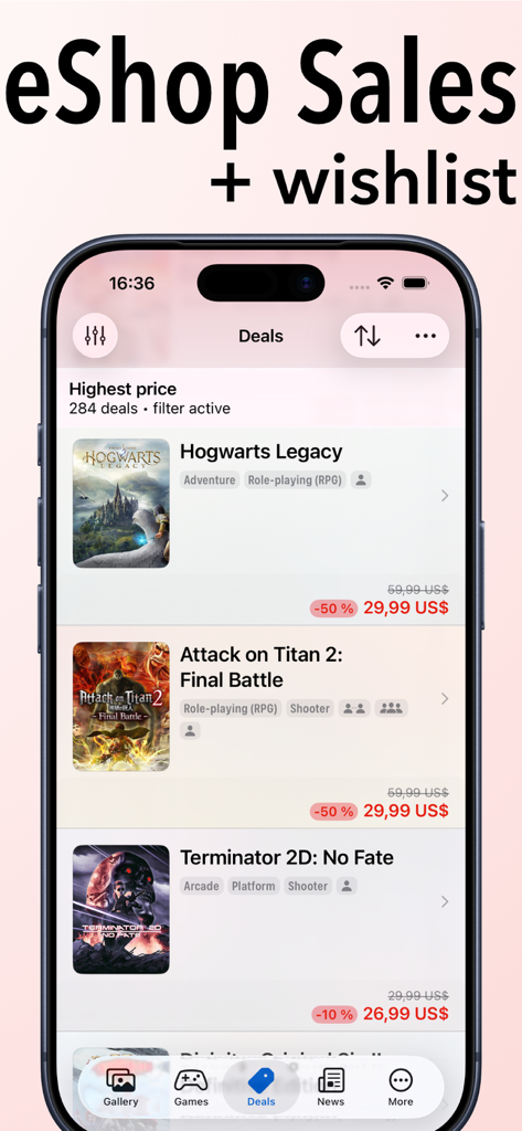 SwitchBuddy montrant les bonnes affaires de l'eShop avec des réductions pour Hogwarts Legacy et Attack on Titan