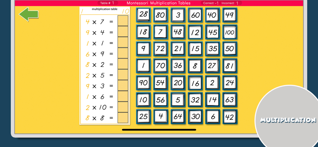 Montessori Math - A multiplication table activity screen from the Montessori Math educational app showing equations and a number grid