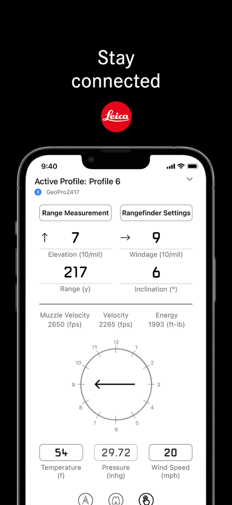 Leica Ballistics app interface displaying real-time rangefinder data and environmental variables