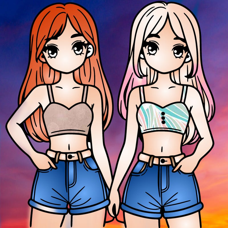 two sisters with crop tops and jean shorts and straight hair