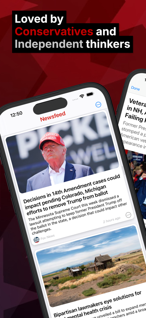Conservative News - iPhone screen displaying the Conservative News app newsfeed with a headline about Donald Trump and political news articles.