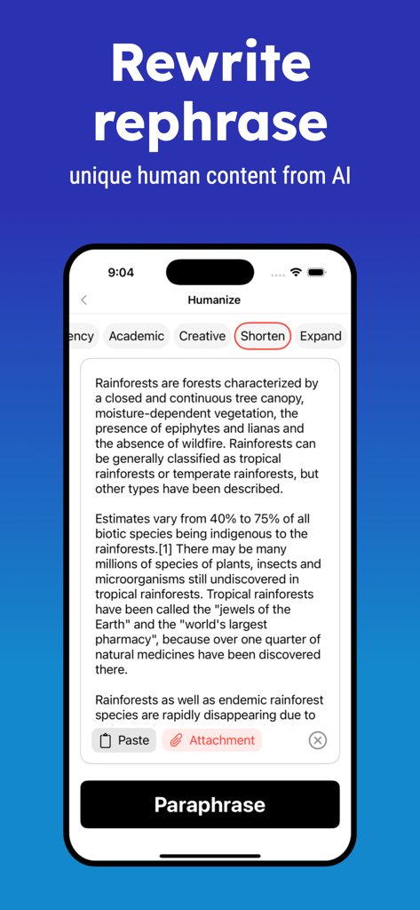 Plagiarism Checker - Detect AI - Pantalla de la aplicación móvil que muestra la función de humanizar y refrasear para reescribir contenido generado por IA