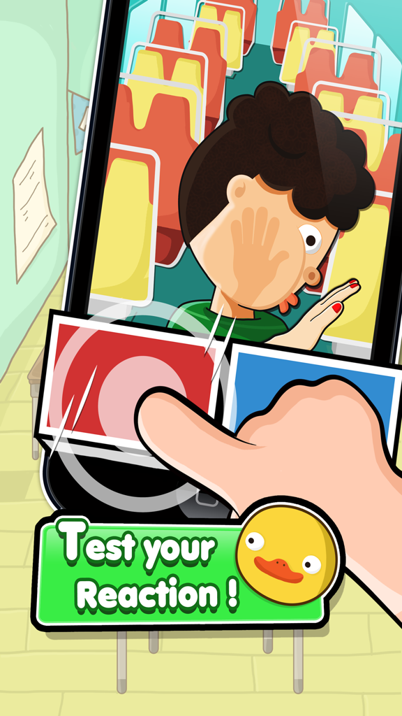 Hardest Game Ever 2 - A gameplay screenshot showing a reaction time test with a cartoon character on a bus and the text Test your Reaction.