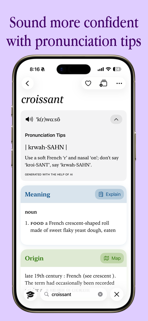 LookUp: English Dictionary - LookUp app screenshot showing pronunciation tips and definition for the word croissant