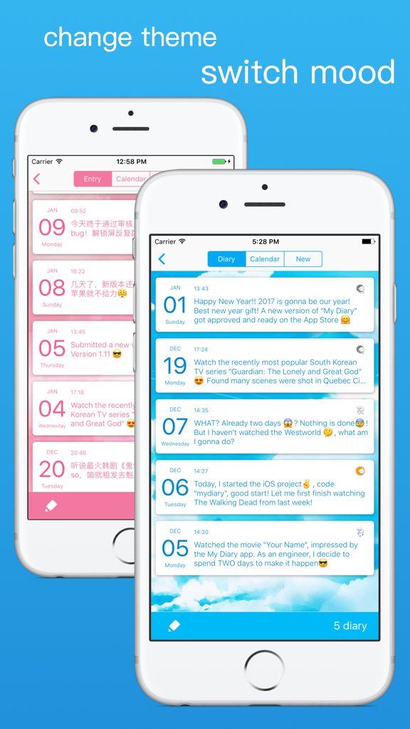 Two iPhones showing the My Diary app interface with pink and blue color themes for mood tracking.