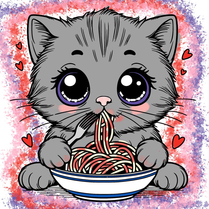 kitten with big eyes and small mouth eating spaghetti