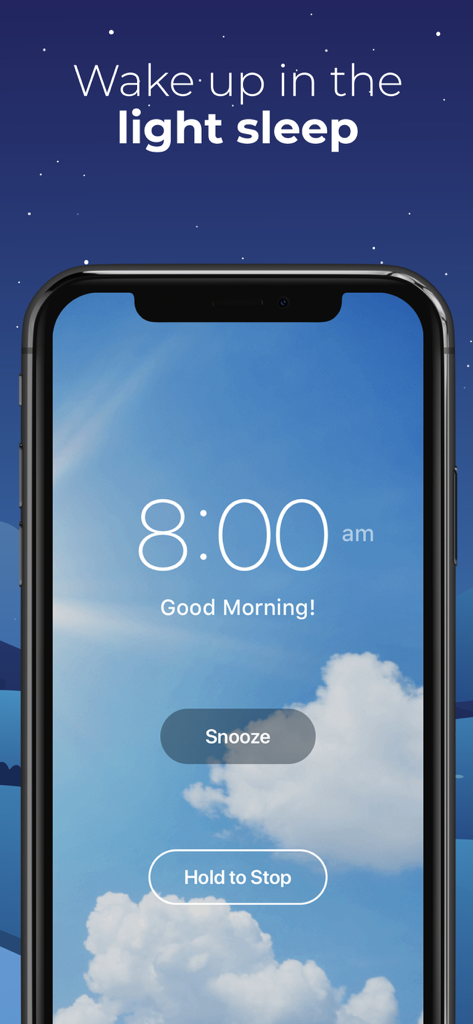 Sleepzy smart alarm clock screen on an iPhone showing an 8 am wake up time with a blue sky background and snooze button