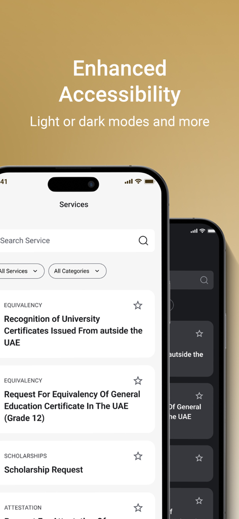 MOE UAE - Ministry of Education UAE app showing light and dark mode themes for educational services
