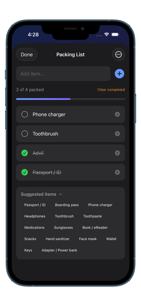 Airport Maps For Travelers - Travel packing checklist interface with essential items and suggested travel gear