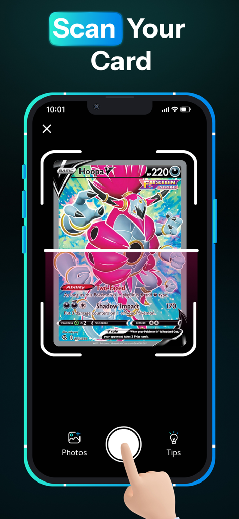 Smartphone screen showing the TCG Card Scanner app identifying a Pokemon card using AI