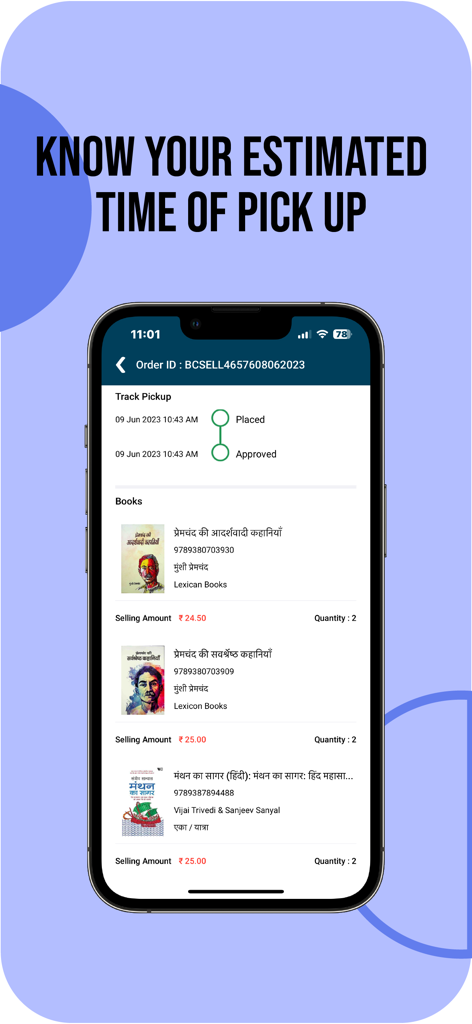 DUMP app interface showing book pickup status and order details