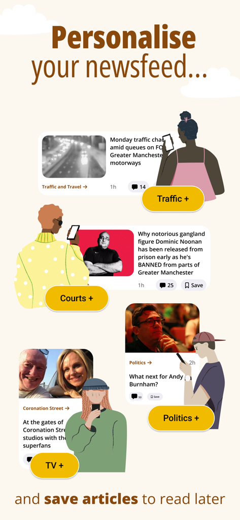Funciones de la aplicación Manchester Evening News para personalizar fuentes de noticias y guardar artículos.