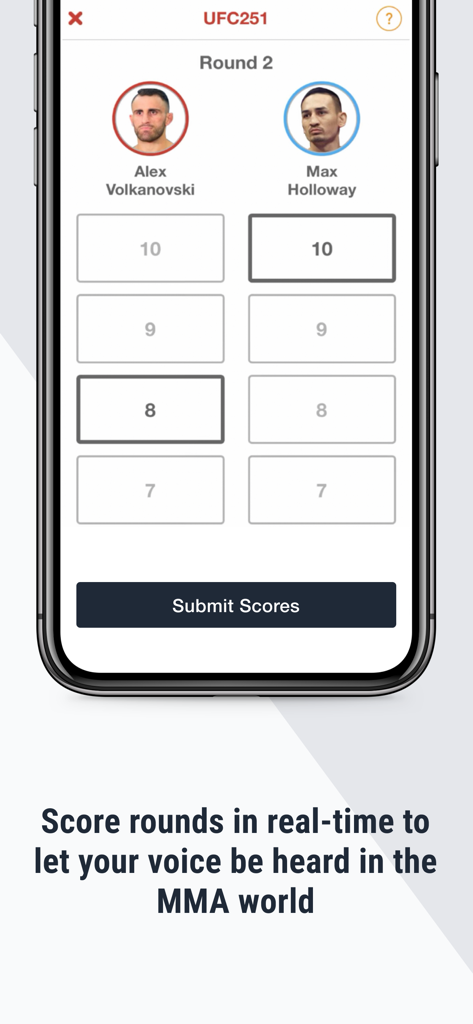 Verdict MMA Picks & Scoring - Verdict MMA app live round by round scoring interface for a UFC fight
