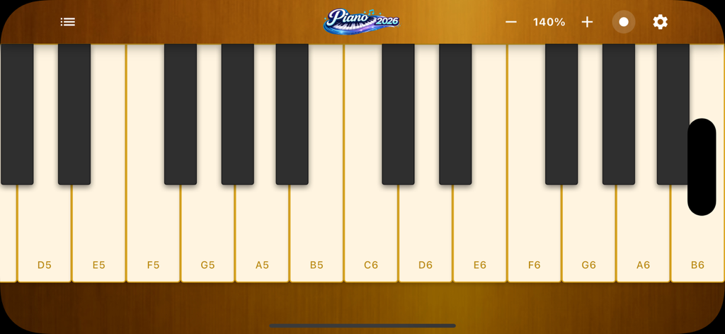 Piano 2026 – Learn piano fast - Un gros plan d'un clavier de piano virtuel avec des notes étiquetées et des contrôles d'enregistrement de musique dans l'application Piano 2026.