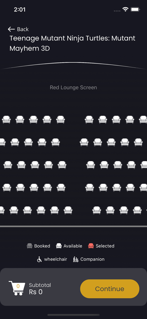 Mobile app interface showing a cinema hall seating layout for seat selection at Raiha Cinegold Plex.