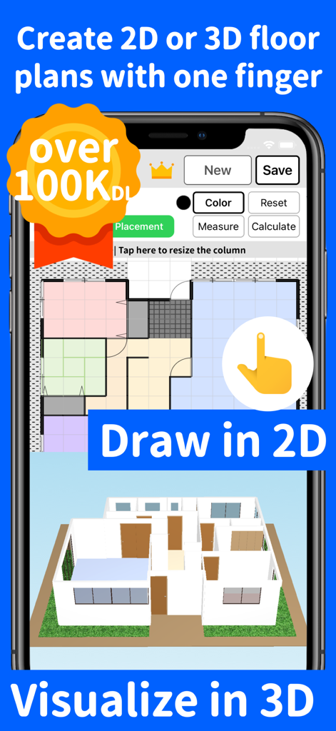 Floor Plan Creator - Madory - Madory App-Oberfläche auf einem Smartphone, die 2D-Grundrissdesign und 3D-Architekturvisualisierung zeigt.