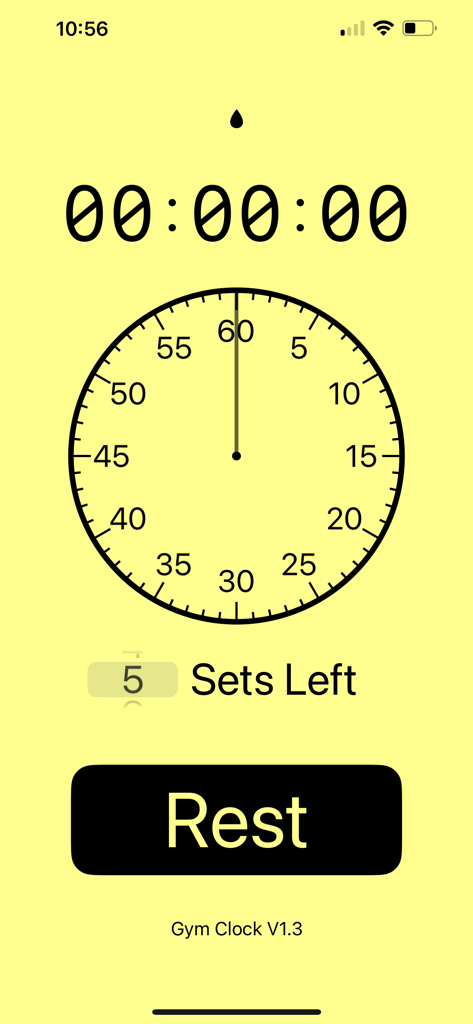 GymClock. - Minimalist interface of GymClock app with a timer and rest button.