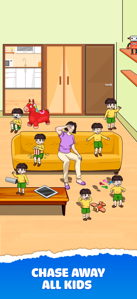 Tricky Prank: Annoying Quest - A stressed woman sitting on a yellow sofa surrounded by several identical mischievous boys in a cartoon puzzle level.