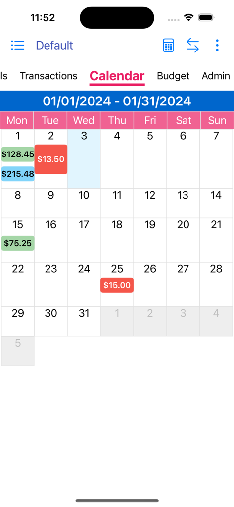 MoBill Budget - Monthly calendar view of MoBill Budget app showing scheduled bills and income