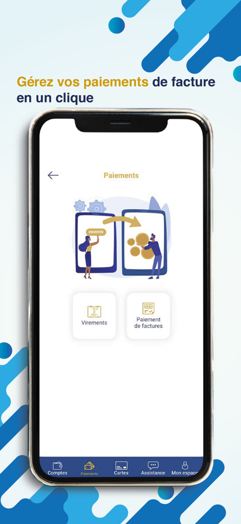 NSIA Banque Direct - Mobile interface of NSIA Banque Direct showing bill payment and transfer options on a smartphone screen.