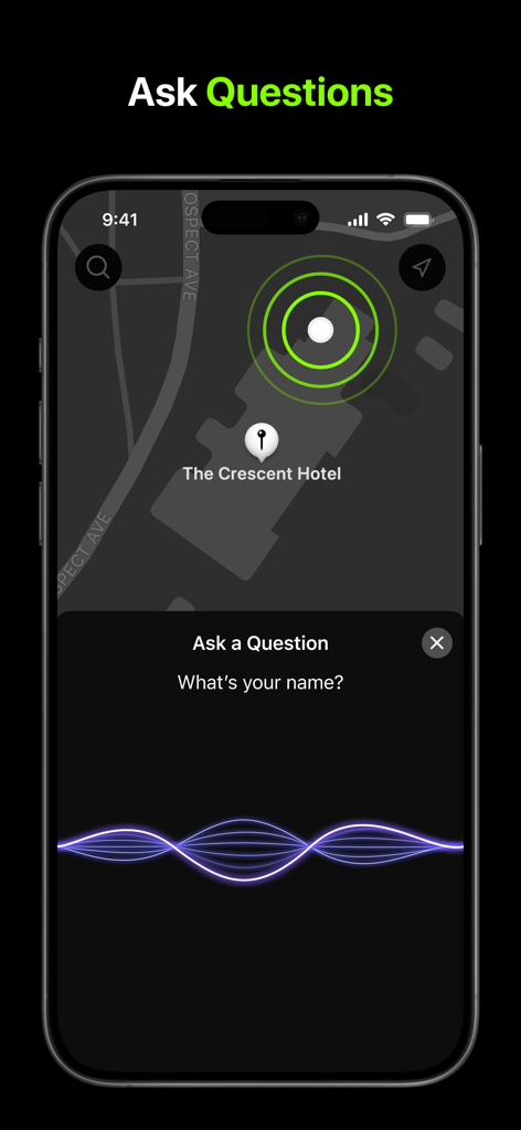 Captura de tela do aplicativo Ghost Chat mostrando um radar de espíritos sobre um mapa e uma interface de chat perguntando o nome de um espírito