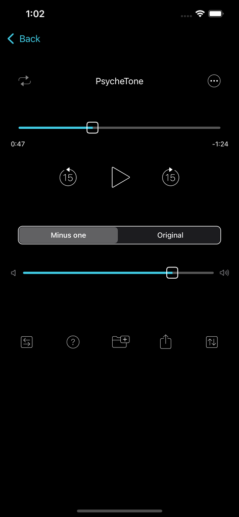 Music-1G app interface for guitar removal with minus one track playback
