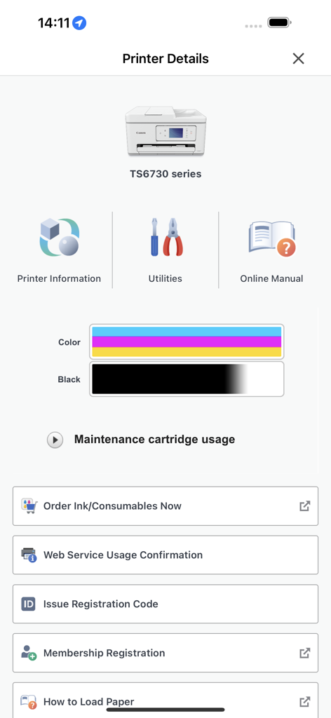 Canon PRINT app screen displaying printer status ink levels and maintenance settings