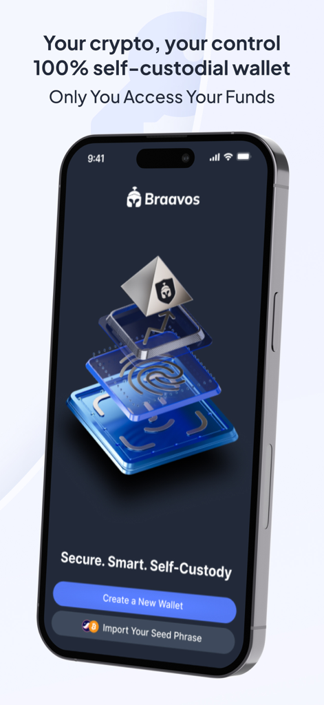 Braavos mobile app onboarding screen highlighting a 100 percent self-custodial crypto wallet with biometric security.