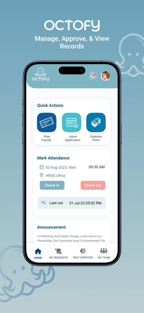 Octofy - Tela inicial do aplicativo móvel Octofy mostrando ações rápidas para contracheques, solicitações de licença e registro de presença