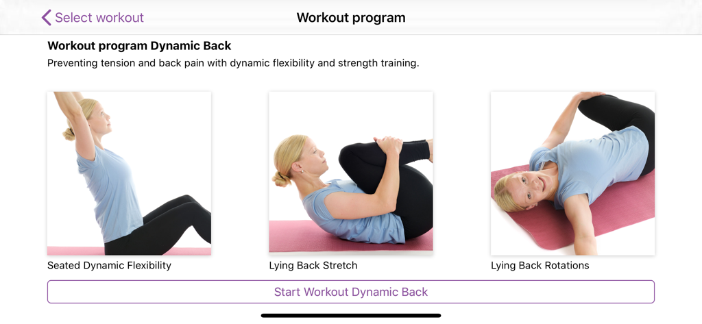 Mama in Shape - Poworkout - Workout screen displaying dynamic back exercises for moms including seated flexibility and lying stretches