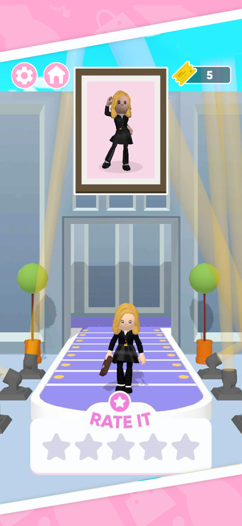Famous Fashion - Dress Up Game - A character in a black outfit walks a purple runway in the Famous Fashion dress up game with a five star rating interface below