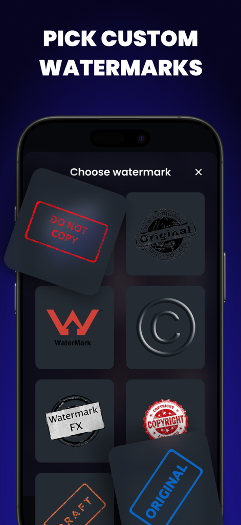 Watermark Maker・Eraser Objects - Interfaz que muestra una selección de sellos de marca de agua personalizados y logotipos en la aplicación Marca de agua.