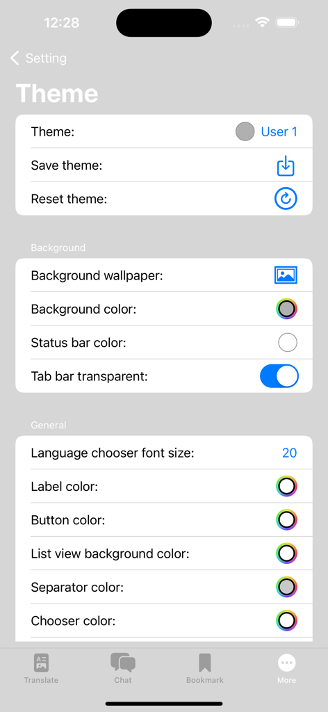 Configurações de personalização de tema no aplicativo QTranslate Translator mostrando opções para papel de parede e cores de fundo