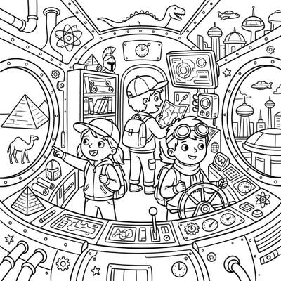 Join three intrepid young explorers as they command their incredible time machine, venturing from ancient Egypt to dazzling futuristic skylines. This captivating coloring page for kids aged 4-8 is designed to ignite imaginations and spark an interest in history and discovery.