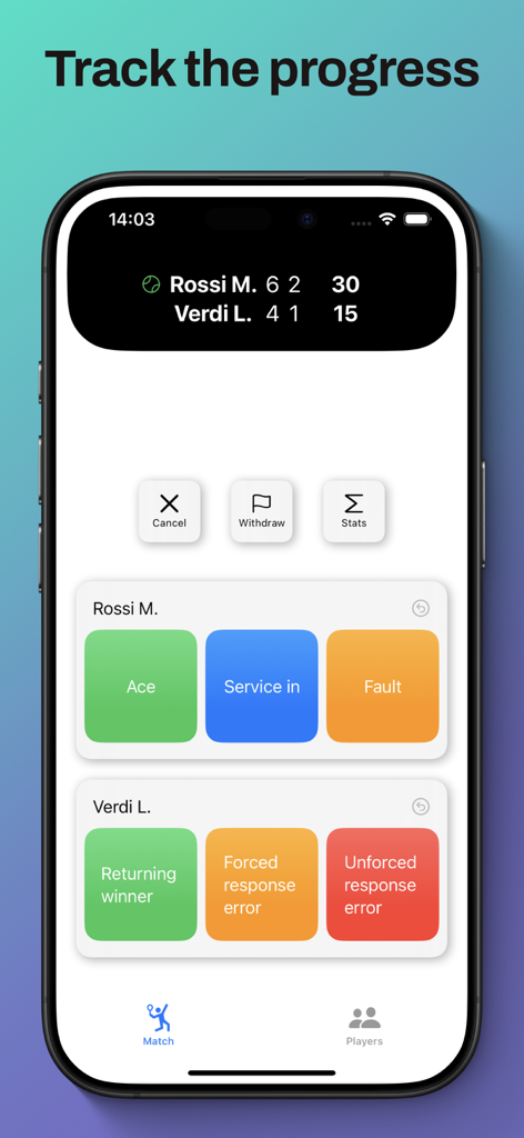 Pantalla de seguimiento de partidos de tenis en la aplicación GameStat&Math que muestra el marcador en vivo y los botones de registro de puntos.