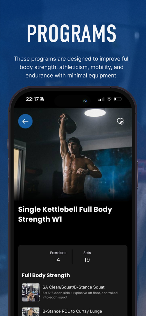AFFit Kettlebell Workouts - AFFit app screen showing a single kettlebell full body strength training program