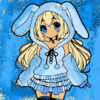pretty anime girl wearing a fluffy hoodie with bunny ears on the hood and a skirt