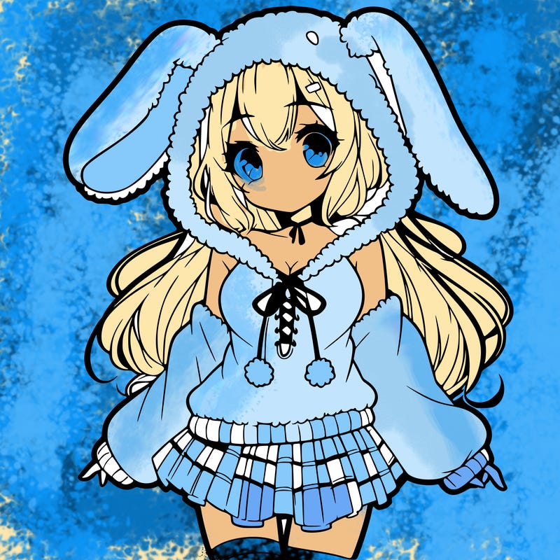 pretty anime girl wearing a fluffy hoodie with bunny ears on the hood and a skirt