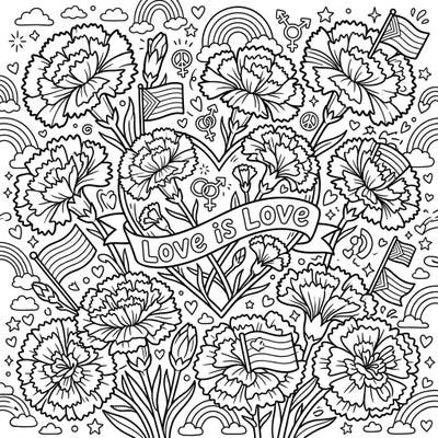 Immerse yourself in a vibrant celebration of love and diversity with this beautiful Dianthus Carnations coloring page. Filled with intricate flowers and joyful Pride symbols, it's perfect for expressing creativity and solidarity.