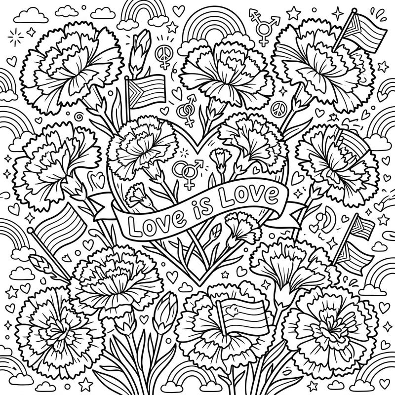 Immerse yourself in a vibrant celebration of love and diversity with this beautiful Dianthus Carnations coloring page. Filled with intricate flowers and joyful Pride symbols, it's perfect for expressing creativity and solidarity.